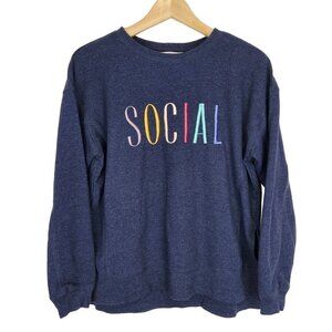 Wildfox SOCIAL Embroidered Sweatshirt Womens S Blue Crewneck Split Hem
